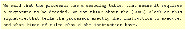 ı: We said that the processor has a decoding table, that means it requires a signature to be decoded. We can think about the [CODE] block as this signature,that tells the processor exactly what instruction to execute, and what kinds of rules should the instruction have.